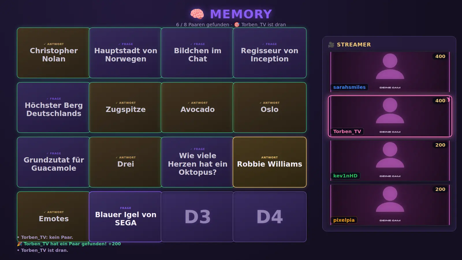 Memory: Beispielansicht 2 mit Beispielinhalten