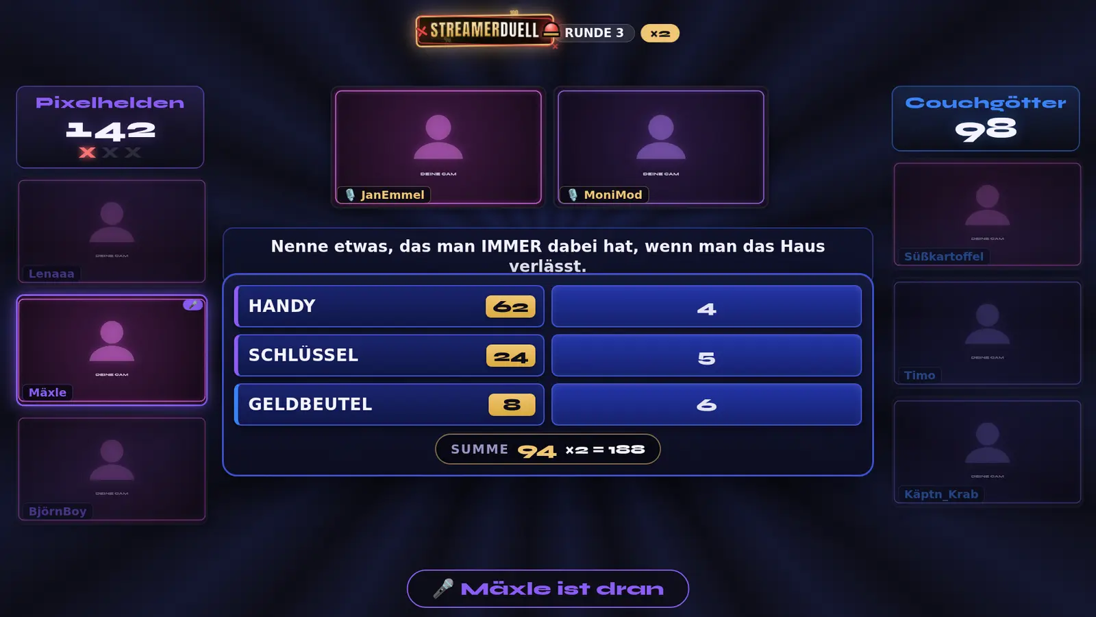 Streamerduell: Beispielansicht 2 mit Beispielinhalten