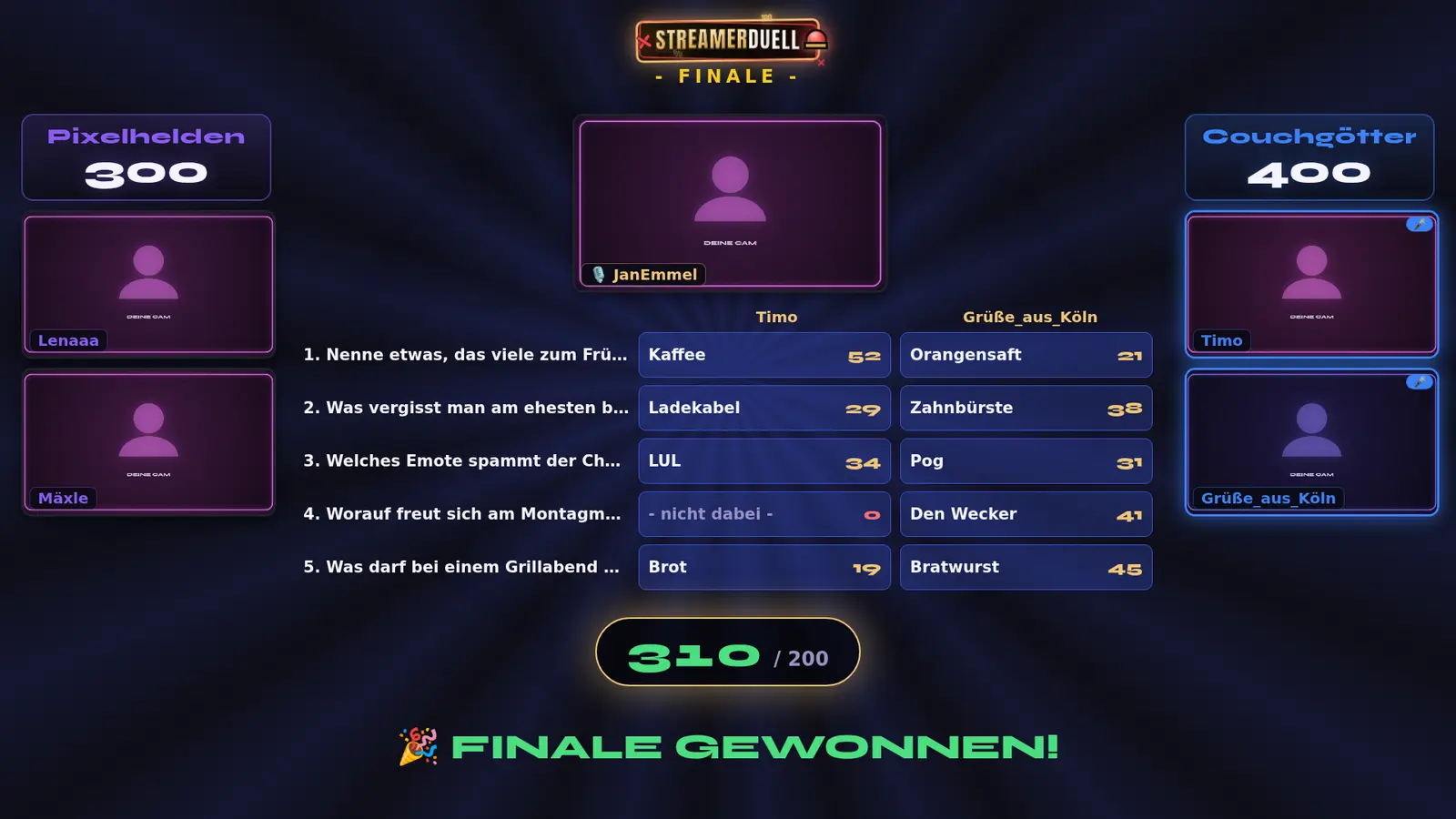 Streamerduell: Beispielansicht 4 mit Beispielinhalten