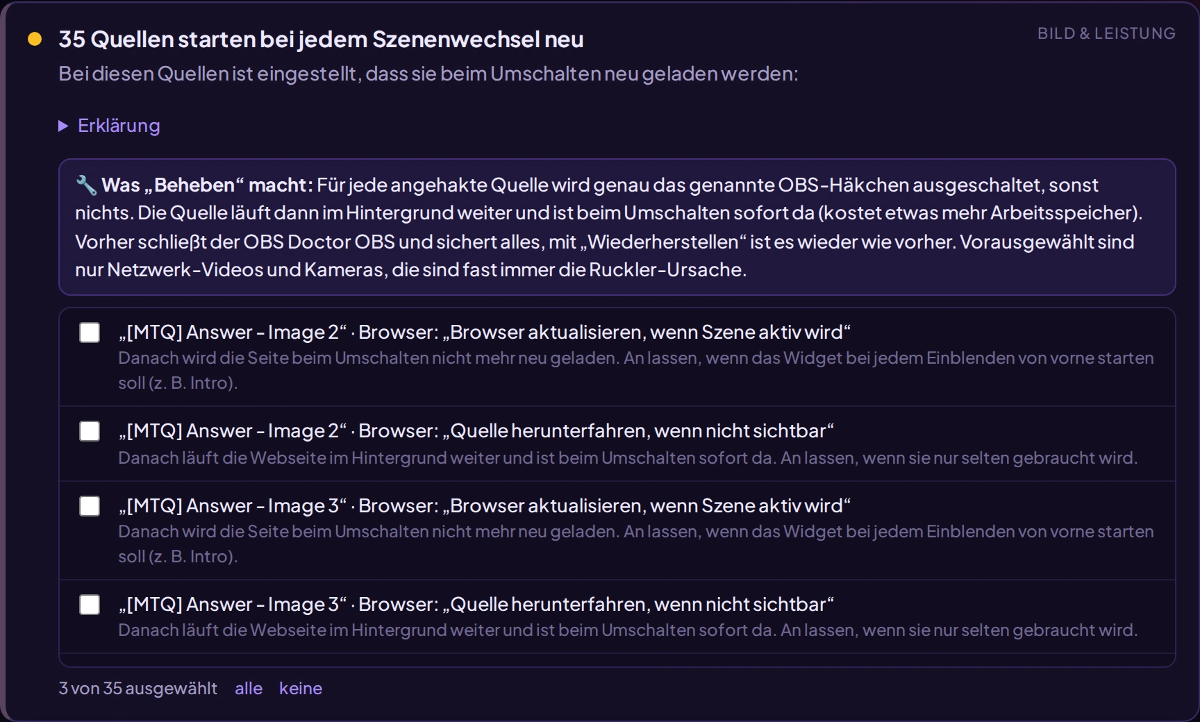 OBS Doctor: 35 Quellen starten bei jedem Szenenwechsel neu, mit Auswahl zum Beheben