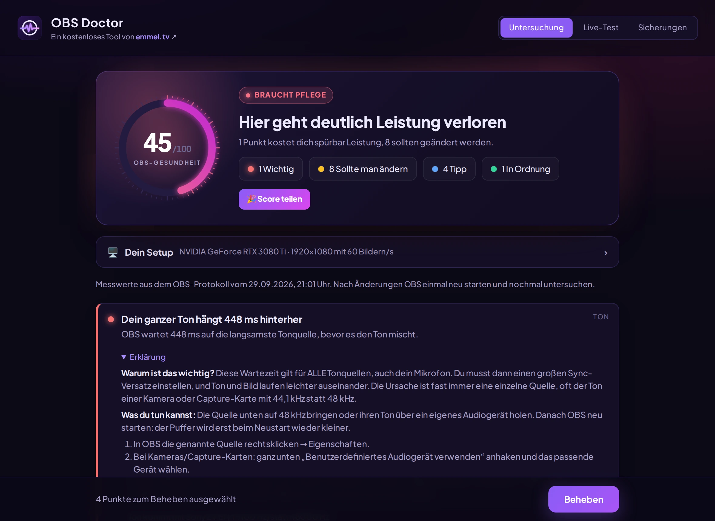 OBS Doctor: Gesundheits-Punktzahl 45 von 100, Befund Tonverzögerung 448 ms