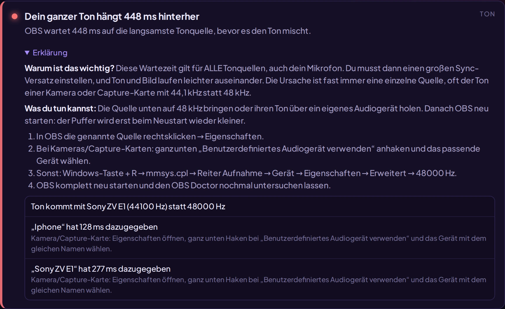 Befund: Dein ganzer Ton hängt 448 ms hinterher